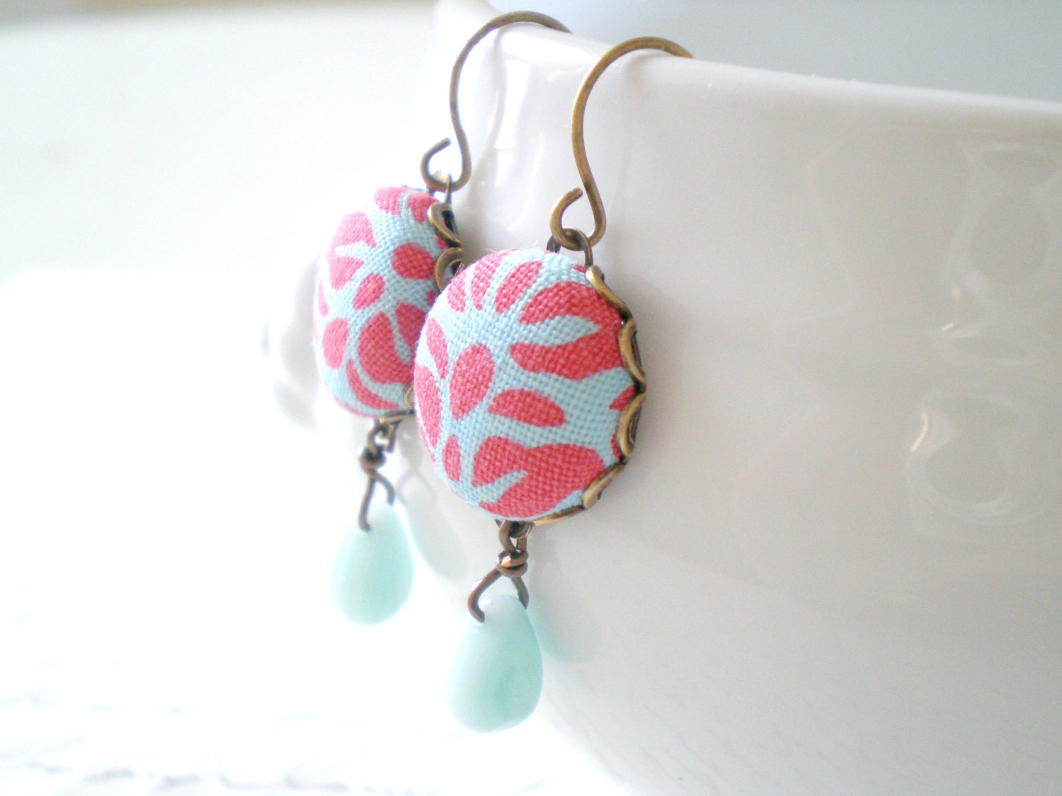 Coral Earrings, Summer High Fashion, Fabric Button, Gift for Mother's Day