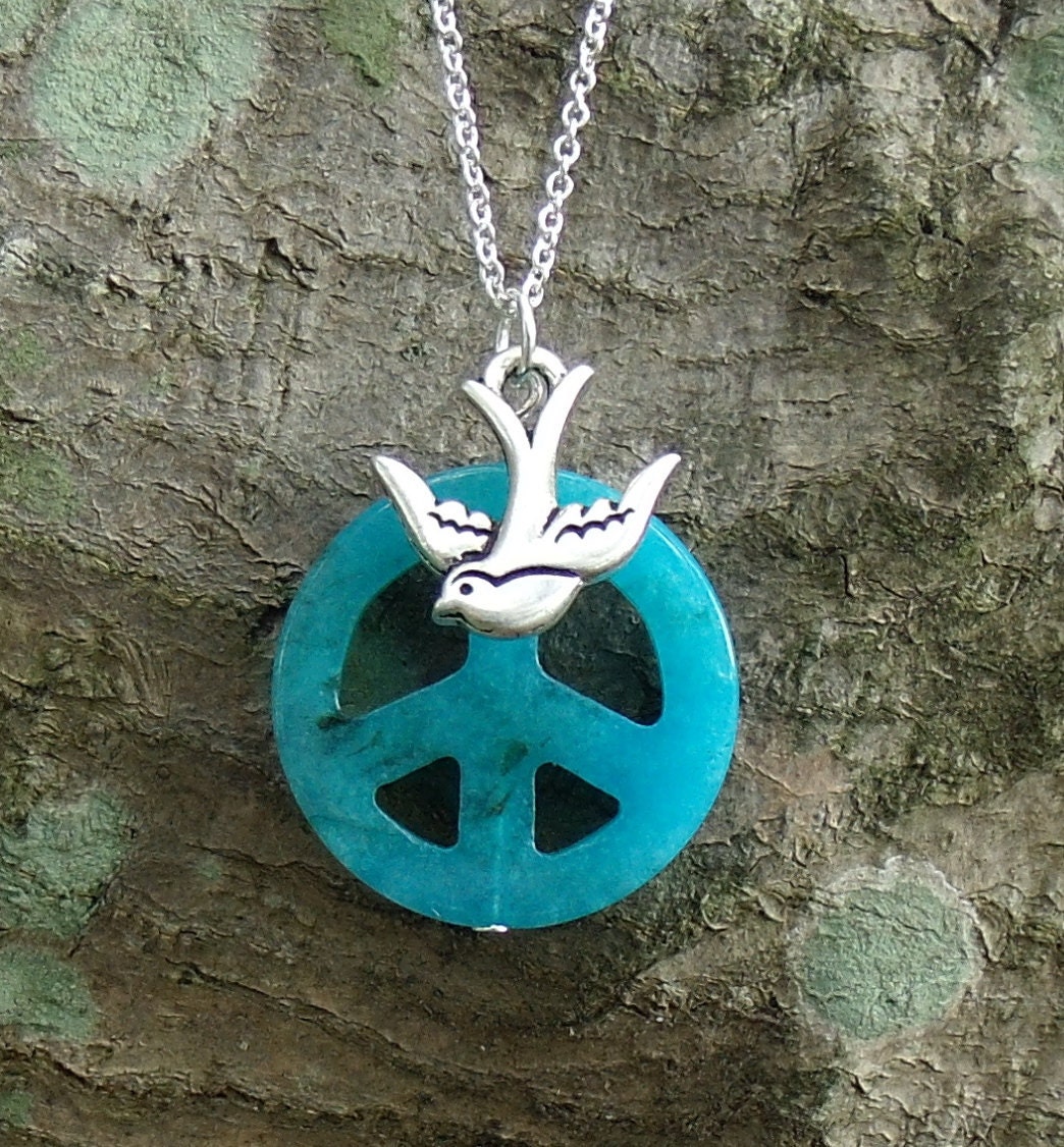 Bird Necklace with Turquoise Jade Peace Sign, Silver Necklace 18"