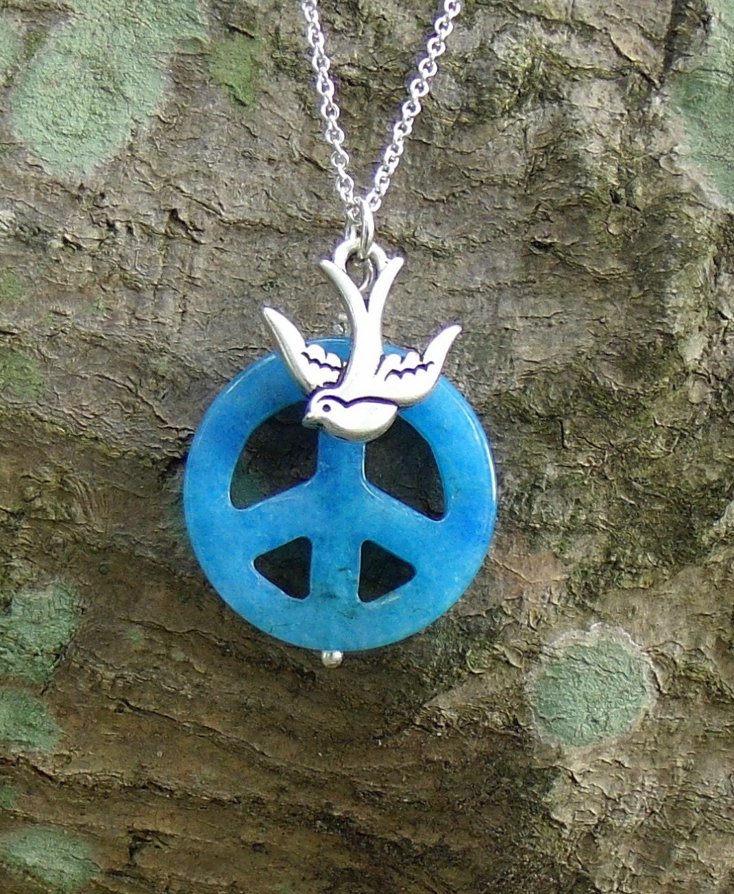 Blue Peace Necklace with Swallow, Blue Jade Peace Sign and Silver Necklace, 18"