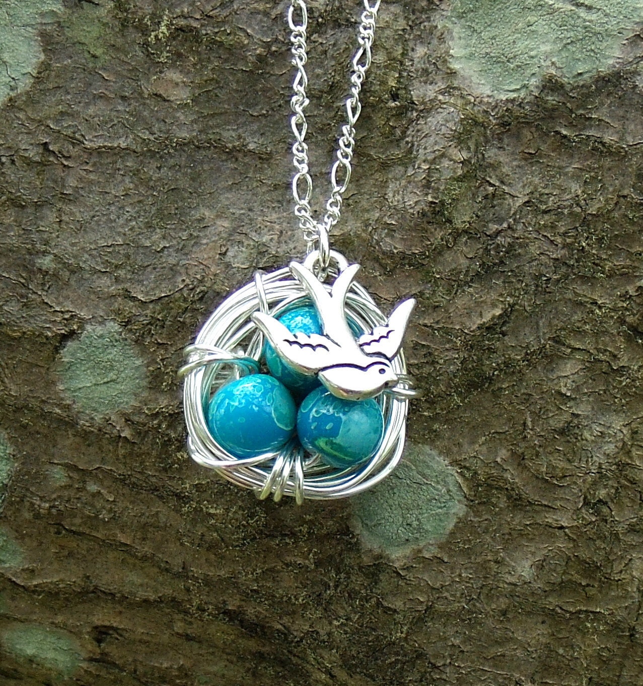 Silver Bird Nest Necklace With Bird, Earth eggs.  18" silver necklace.