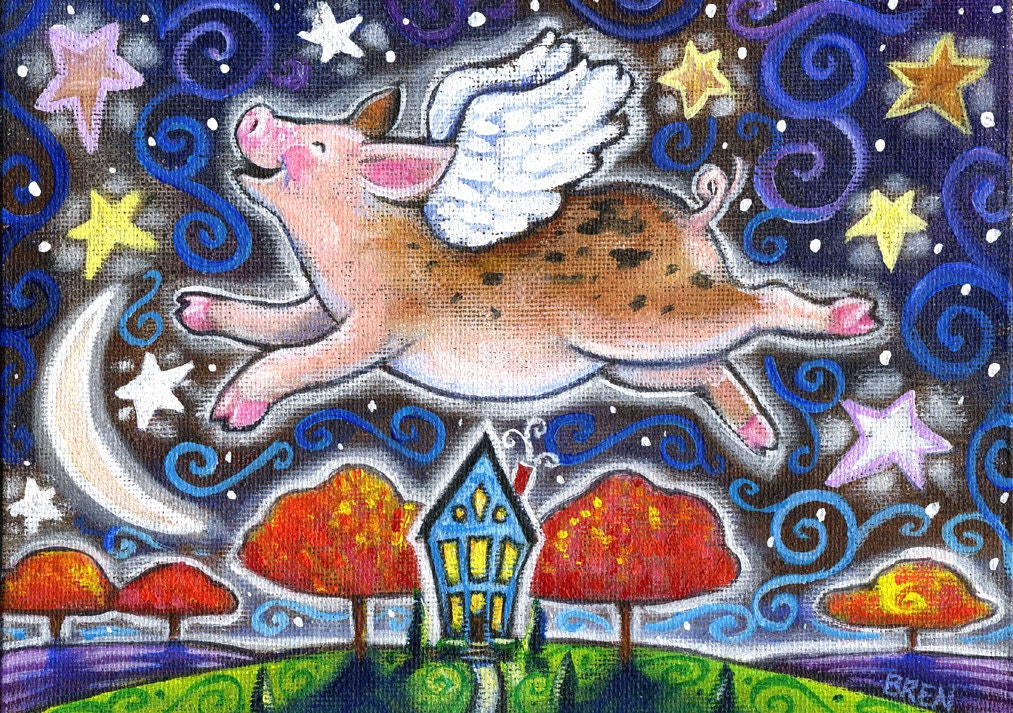 Autumn Flight - 5x7 Fun Whimsical Fall Flying Pig Print