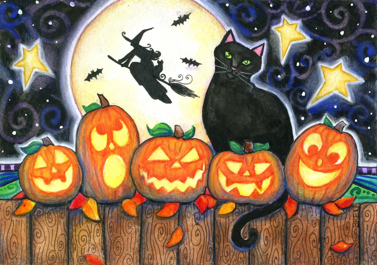 Five Little Pumpkins - 5x7 Halloween Print Black Cat Jack-O-Lanterns Witches