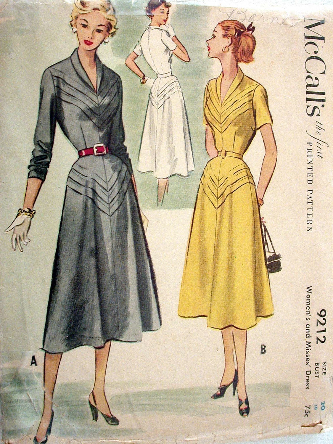 McCalls Dress Pattern No 9212 VIntage 1950s Size 20 Bust 38" Fitted Bodice Short or Long Sleeves Side & Neck Zipper Tuck Details