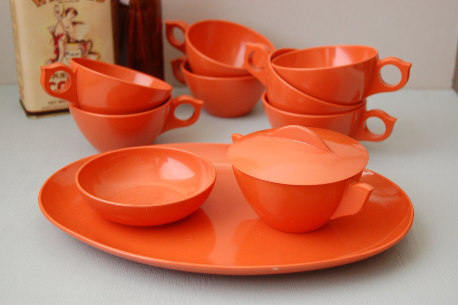 Vintage orange melmac tea set