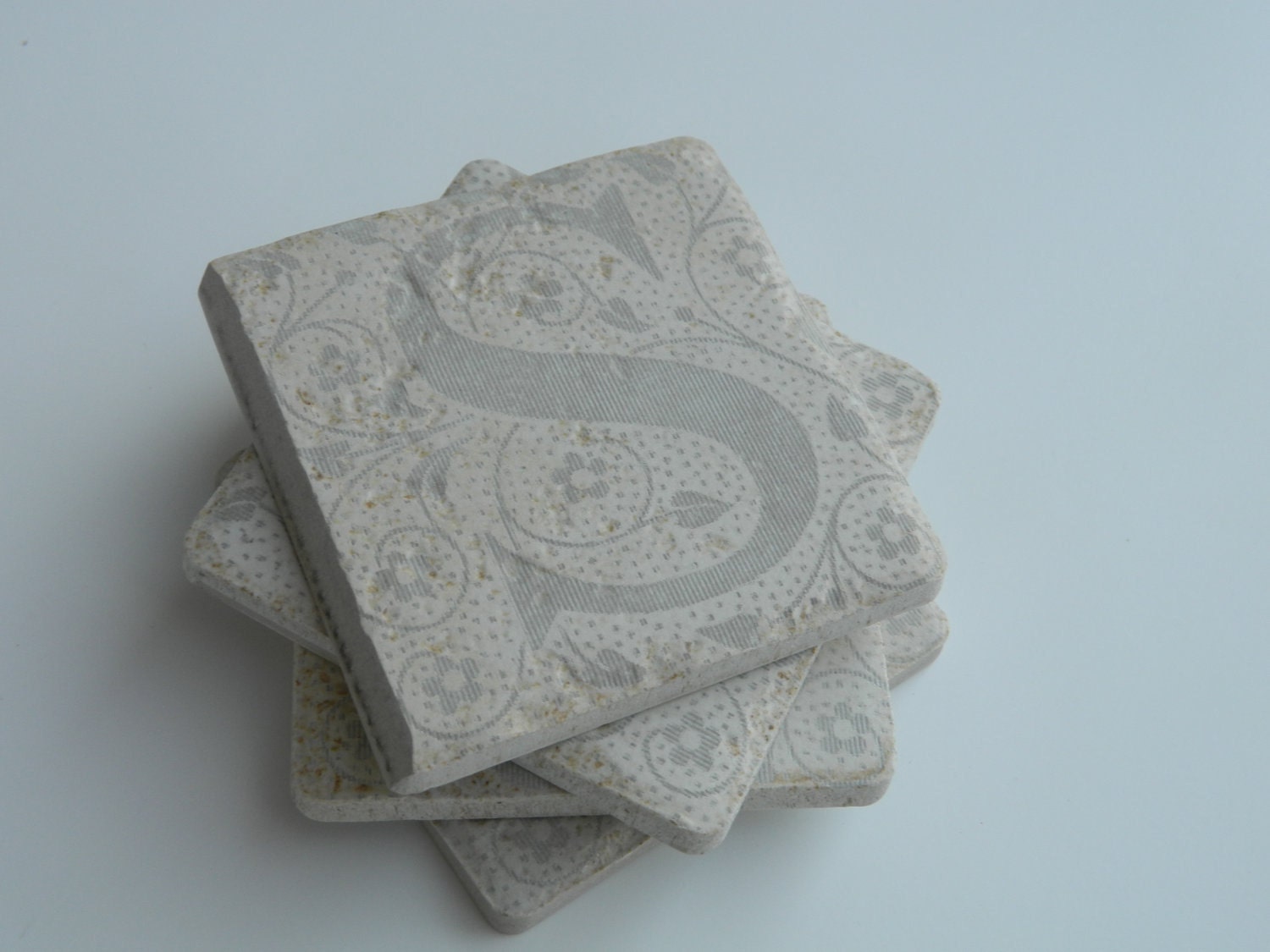 Set of 4 Decorative Letter Stone Coasters, Laser Engraved, Personalized, Housewarming, Wedding, Annivesary, Special Occasion