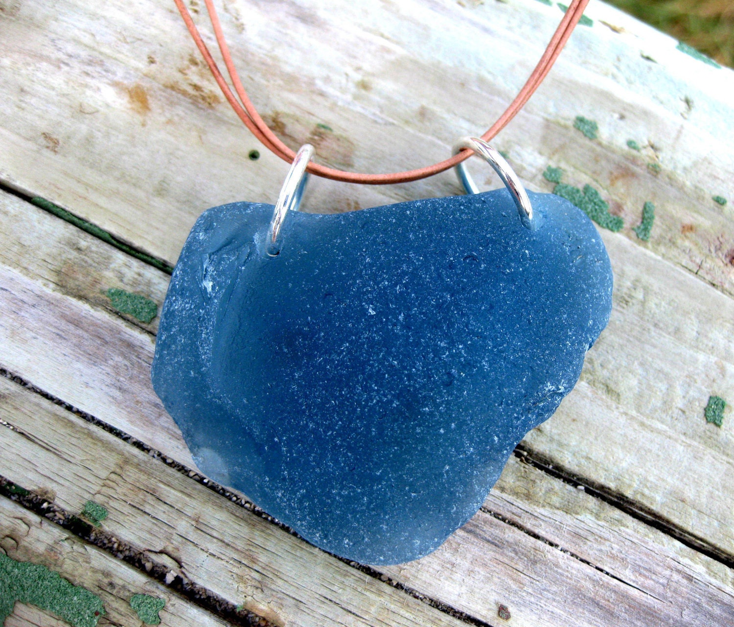 Hawaiian Gorgeous & Very Rare, Large, Cornflower Blue Beach Glass on Leather Cord, completely adjustable, Necklace