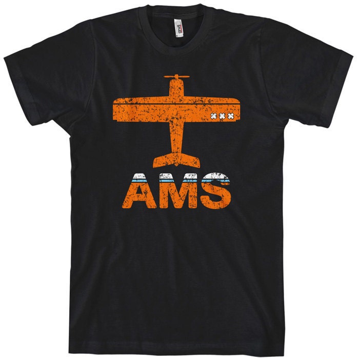 Fly Amsterdam T-shirt - AMS Schiphol Airport - Men S to 4XL and Youth XS to XL - Black, Army or Orange