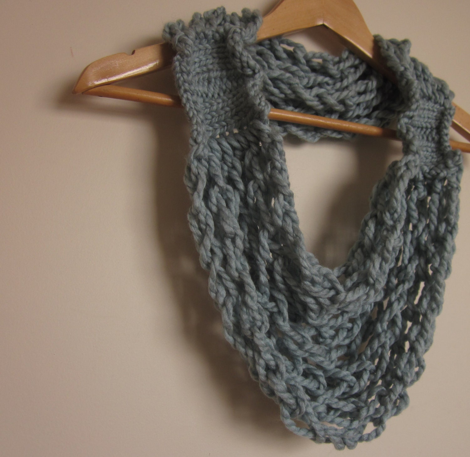 Infinity Scarf plus Necklace equals Cozy Circle Scarflace Cowl, Stone Grey/Blue Knitted and Crocheted Infinity Scarf