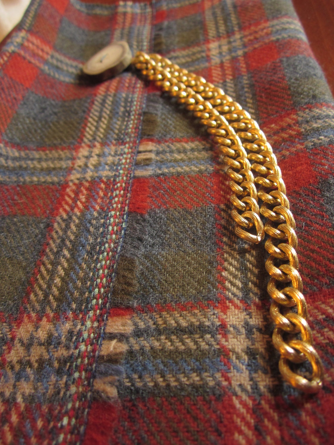 Infinity Scarf - Woodsman Couture - Wool and Acrylic Plaid Coating, Authentic Antler Button and Chunky Gold Plated Chain