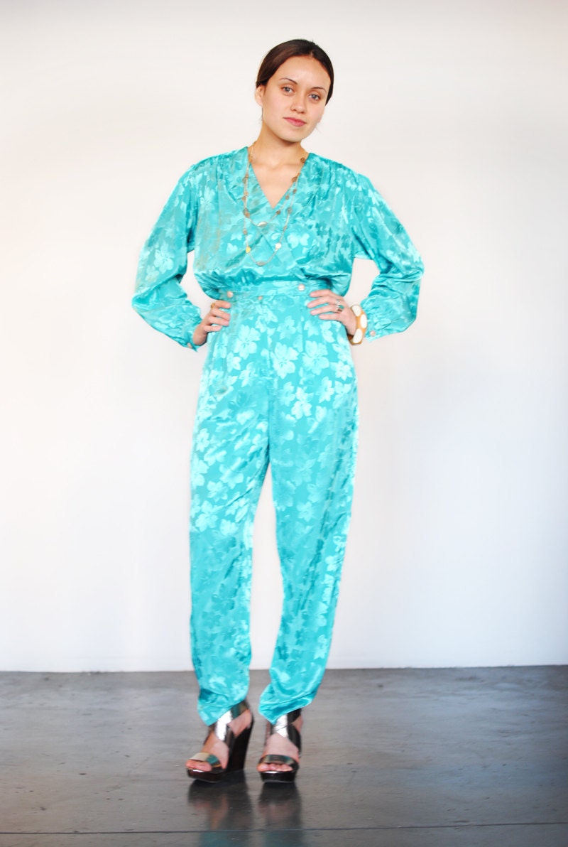 Vintage Aqua PANTSUIT (one piece) - silky, glam, chic, DYNASTY