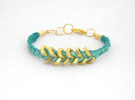 Teal Suede Adult Leather Bracelet with Gold Hex Nut