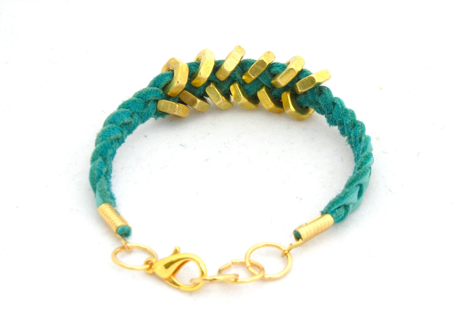 Teal Suede Adult Leather Bracelet with Gold Hex Nut
