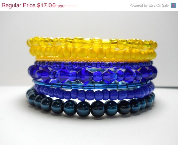 ON SALE Memory Wire Bracelet Blue Yellow Stacked Beaded Wrap Color Block