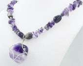 Vibrant Purple Chevron Amethyst Wire Wrapped Pendant Necklace