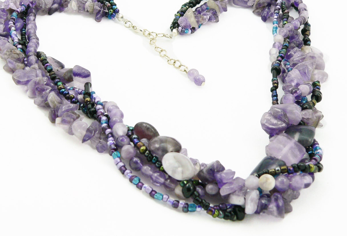 Amethyst Gemstone Chunky Multi Strand Necklace - Purple Necklace - Artisan Jewelry - LKSoriginals