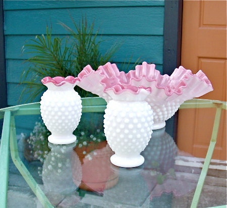 Lovely 3 piece Fenton Hobnail Milk Glass Set