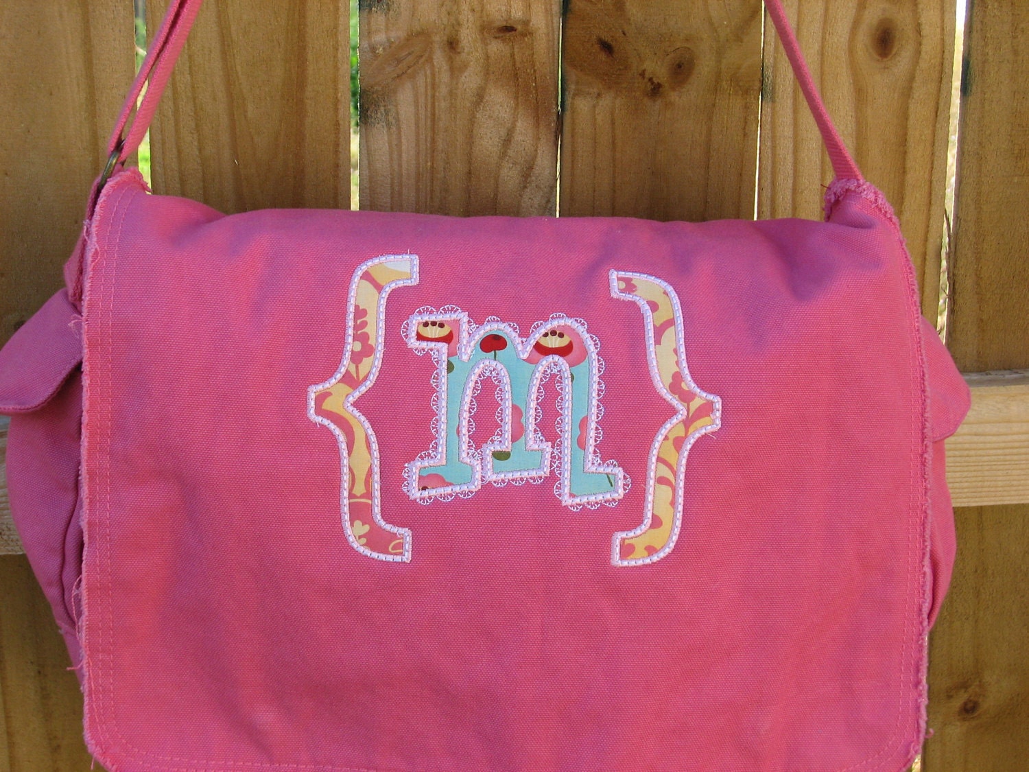 Large Raw Edge Messenger or Diaper Bag with Applique Framed Initial (Ready to Ship)