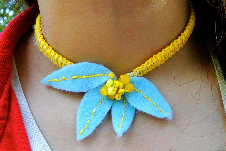 Baby Blue Felt Leaves with Bright Yellow beads on recycled T shirt choker