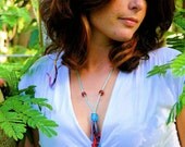 Siren's Kiss aqua and red beaded wire mesh ribbon and silver wire and satin chord necklace