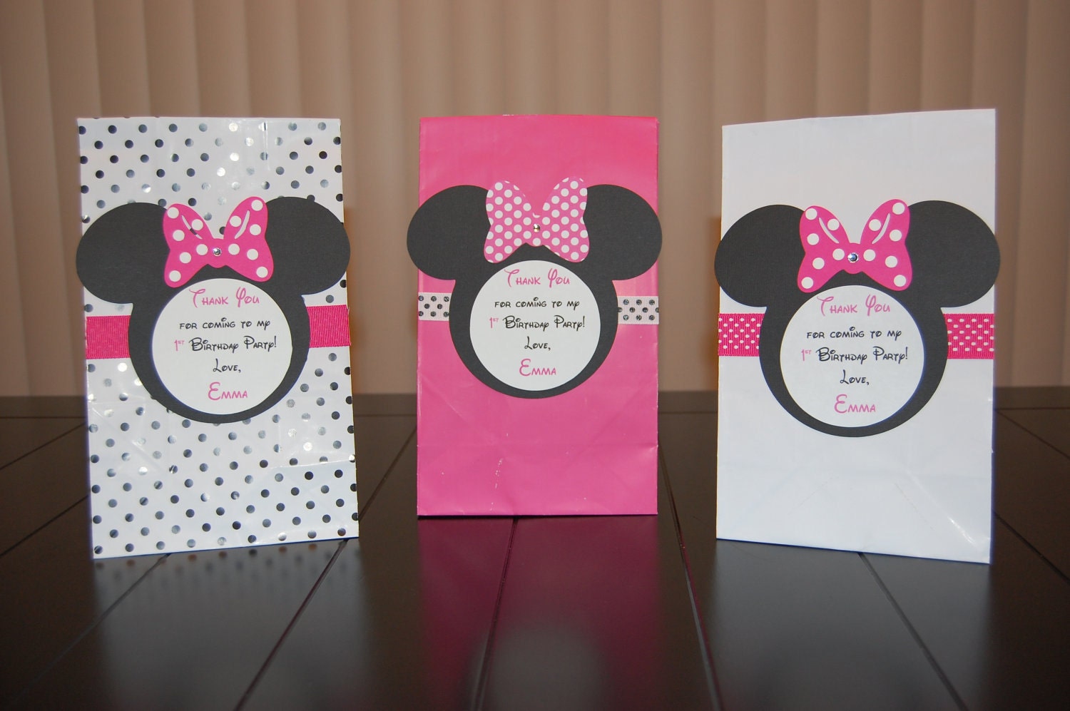 Personalized Minnie Mouse Favor Bags- Pink, White, and Polka Dot for Girl's Birthday Party