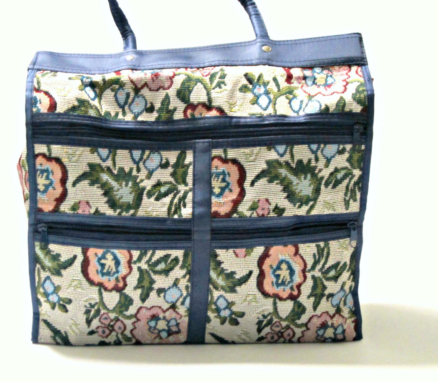 Blue Vintage Floral Tapestry Bag, Carpet Bag, Blue Tote Bag