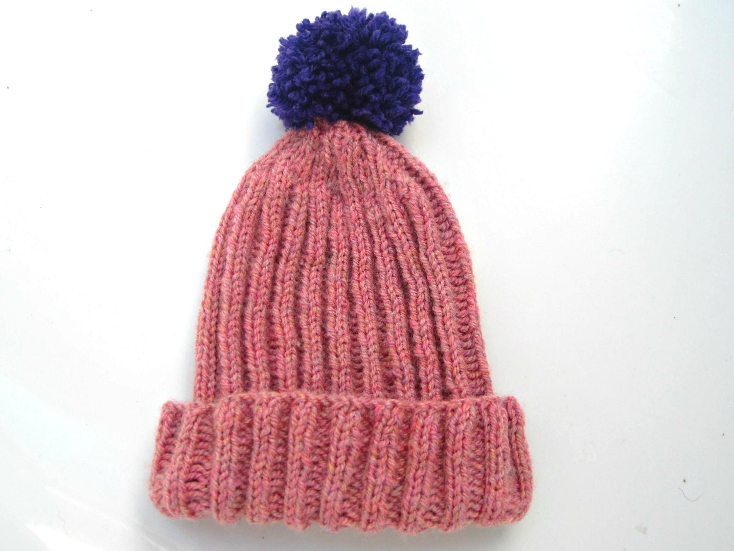 Pom Pom Hat in Pink with Purple Pom Pom, Unisex hat and hand knitted