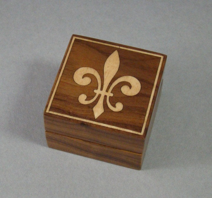 Engagement ring box of Solid Walnut with Fleur De Lis inlaid design. NOW FREE SHIPPING
