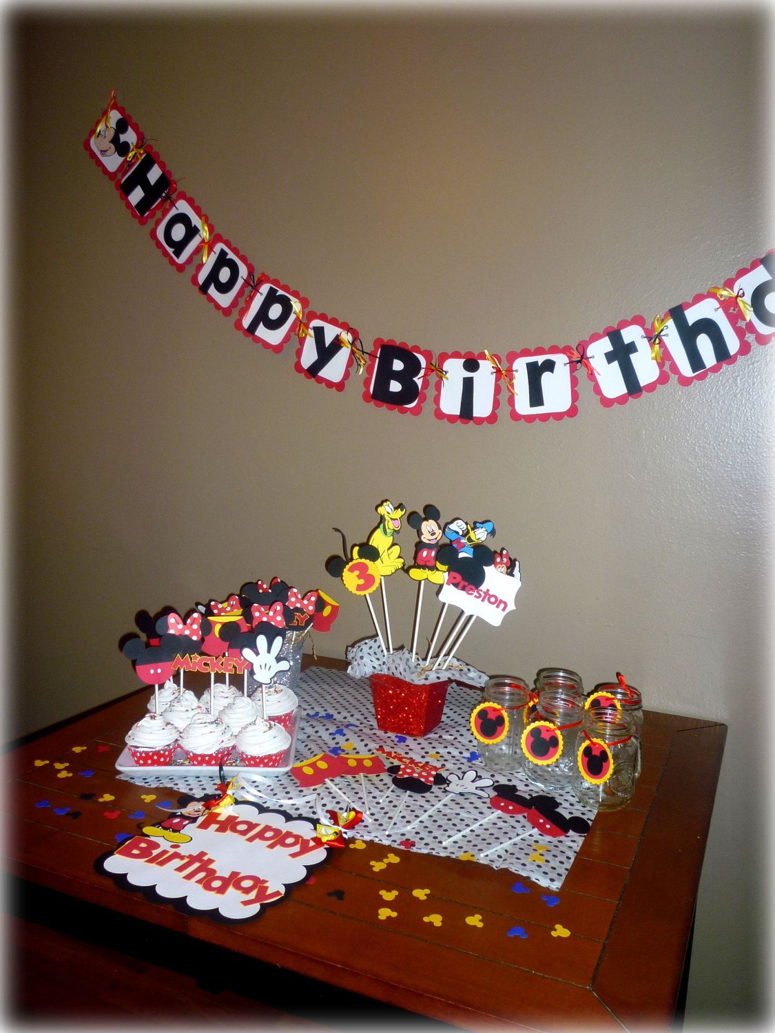 Mickey Mouse Birthday party set - banner, toppers, centerpiece, favor tags confetti and door sign