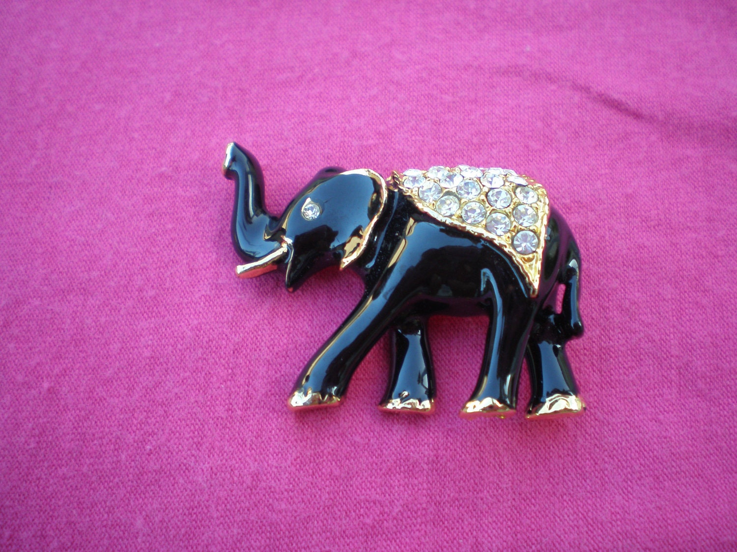 Black Enamel and Rhinestones Elephant Brooch