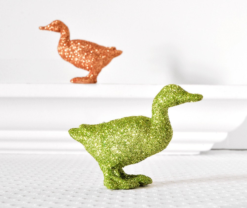 Glittered Ducks Rustic Party Decoration in Copper and Green Glitter for Spring Farm Wedding Table Settings, Nursery Decor or Centerpiece
