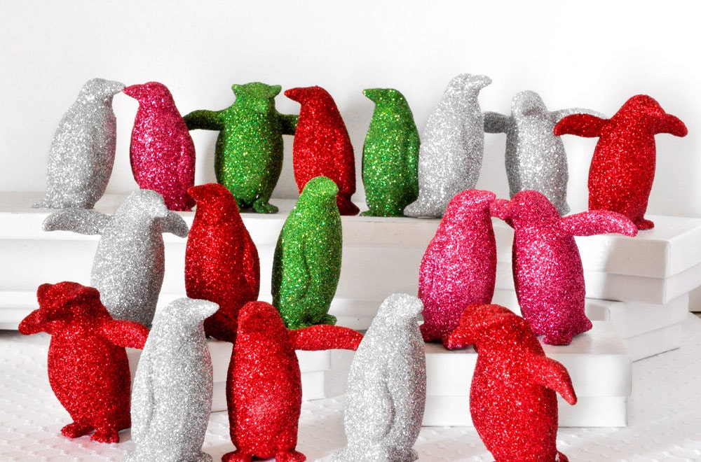 Penguins Kiss Wedding Cake Topper, Hot Pink Birthday Decoration Fuchsia Glitter Entertaining, Table Centerpiece or Children's Nursery Decor