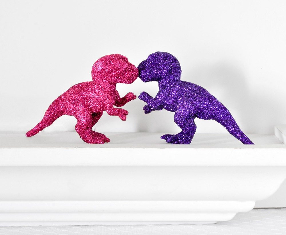 Baby T-Rex Dinosaurs in Fuchsia Hot Pink, Grape Purple Glitter Baby Shower Table Settings, Girly Girl Nursery Decor or Fun Home Decorations