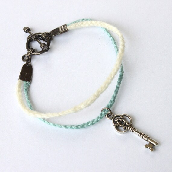 Braided Blue and Cream Silver Key Friendship Bracelet with Toggle Clasp