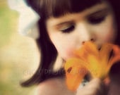 Little Girl Photo Print, Dreamy, Fine Art, Vintage look, Tiger Lily, Close up, Orange, Green