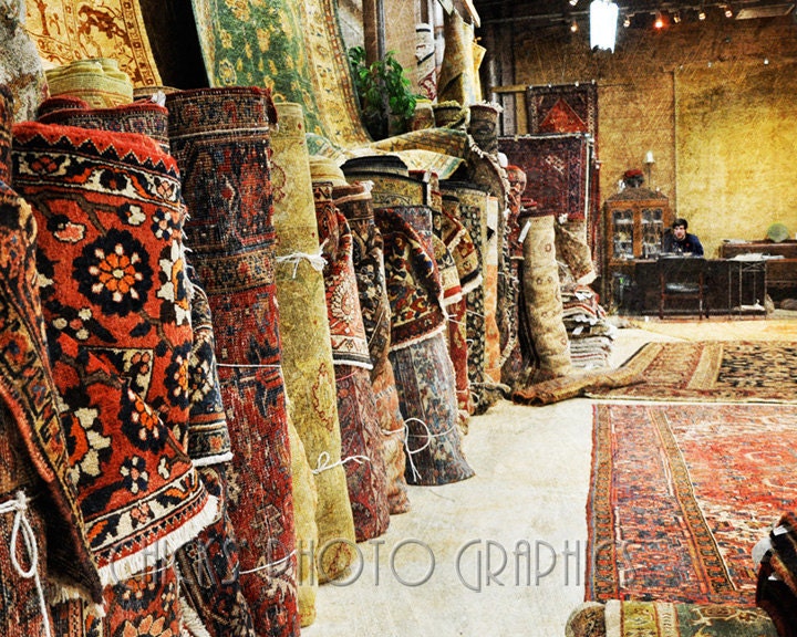 Rolled Carpet Photo Print, Persian Rugs, Oriental Rugs, Man in Shop, Contemplation, red, gold, yellow, orange, black, green, 8x10