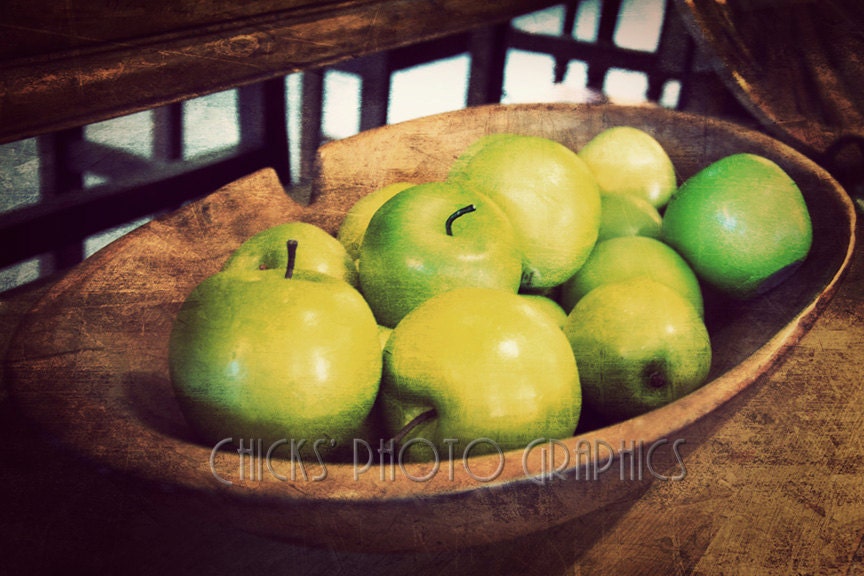 Green Apples Photo Print, Wooden Bowl, Rustic, Distressed, Green, Brown, 8x12