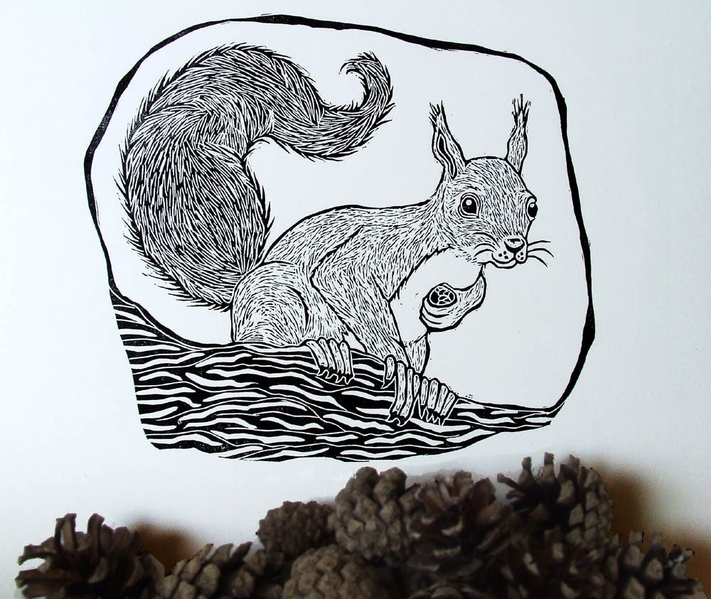 Handmade Squirrel Linocut Print
