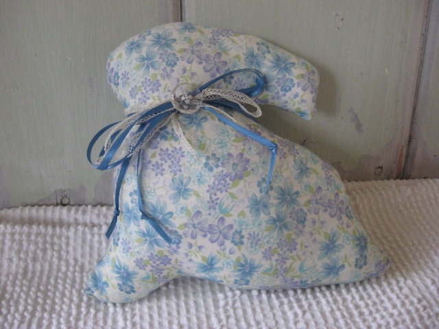 Print Stuffed Bunny Accent Pillow Blue and Lavender Variety with Blue Ribbon and Lace Home Decor