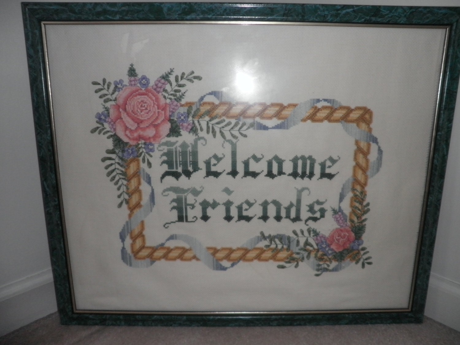 Embroidery Cross Stitch NeedleCraft  FRIENDS WELCOME in a big  Green Matted Frame--Glass cover