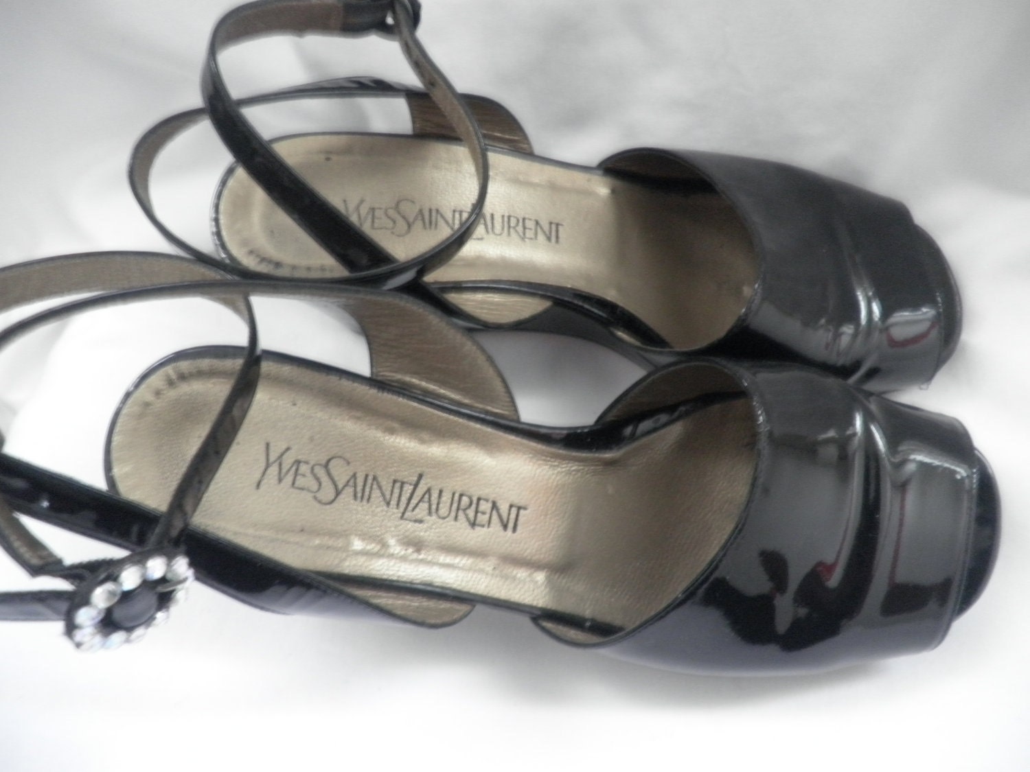 Vintage YVES SAINT LAURENT Black Patent Leather Wedge Shoes Size 8.5 M / 8 1/2 M Made in Italy