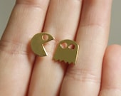 Gold Pac man Post Earrings, Pacman Jewelry, Pac man Studs, Computer Game, Geekery Jewelry, 80's- Handmade- Free Shipping- Ready to Ship