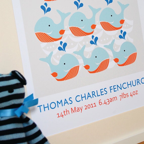 Swimming Whales Print - Custom modern nursery art poster - A3 (297 x 420 mm)