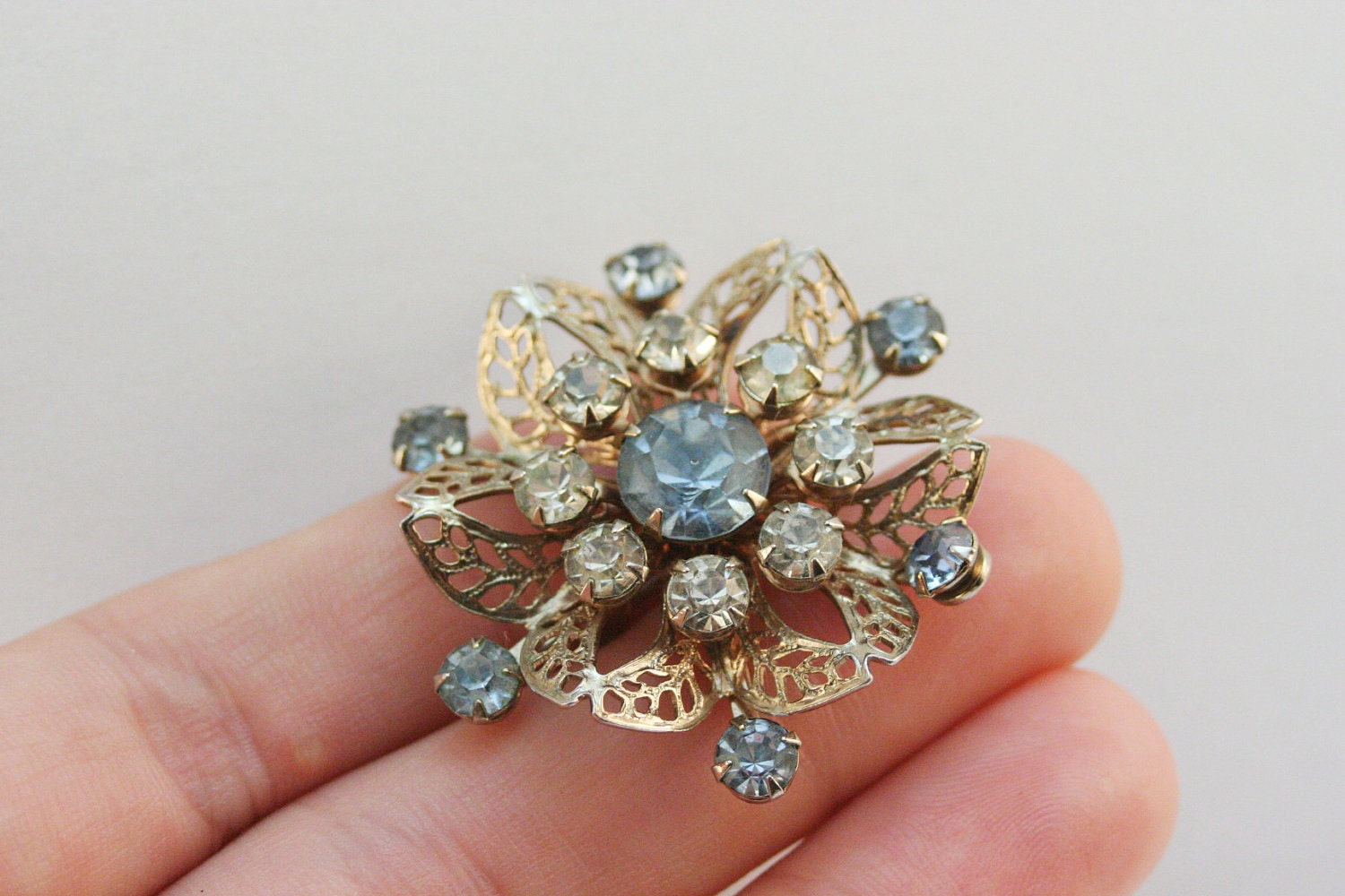1960's Rhinestone Brooch Vintage 60s Scatter Pin Filigree Light Blue and Clear Crystal Jewerly