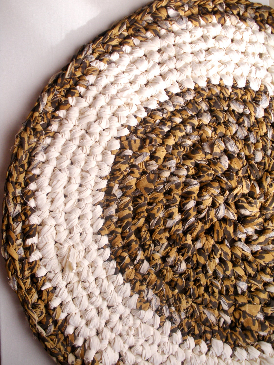 Crochet Rug Upcycled Cotton Leopard Print and Ivory Circle Accent Rug Retro Modern SALE