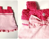Upcycled Cashmere Baby Dress Pink with Crochet Bodice, Floral Ruffle and Bow One of a Kind