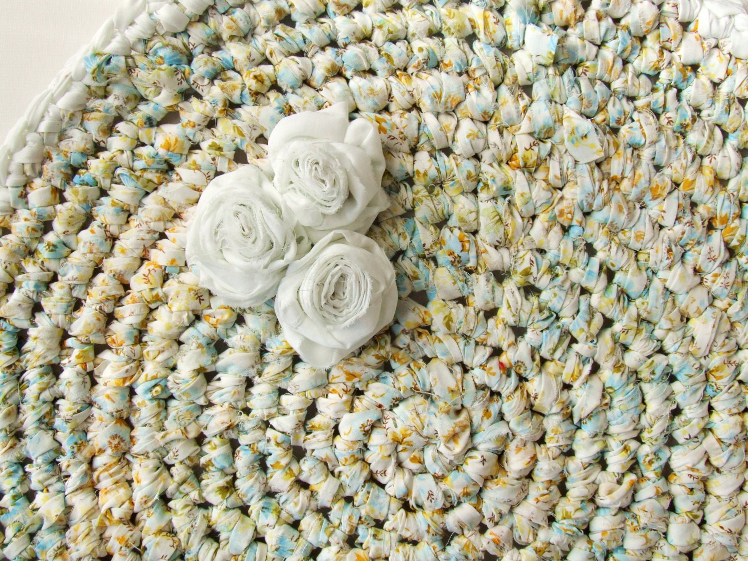 Upcycled Crochet Rug Vintage Floral Cotton with White Rolled Roses One of a Kind Shabby Chic Cottage Accent Rug