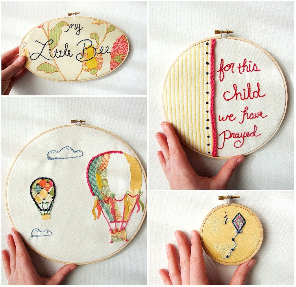 Custom Nursery Art Embroidery Hoop Set Wall Art Upcycled Fabric Design your Own One of a Kind as featured on Kid Style File