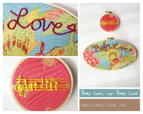 Nursery Art Embroidery Hoop Set Baby Love Music Upcycled Fabric One of a Kind Retro Vintage Nursery