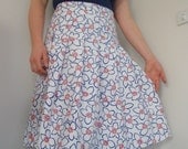 Skirt, Handmade knee length ladies' skirt, size 12 - 14. Vintage white cotton pique, with blue & red flowers. Crisp pleats. Ready to ship.