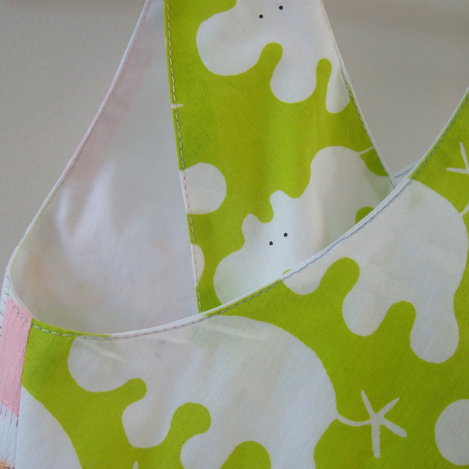 Pink and green ecofriendly toddler sundress size 2 made with upcycled baby sheets and lime green hippo ikea fabric